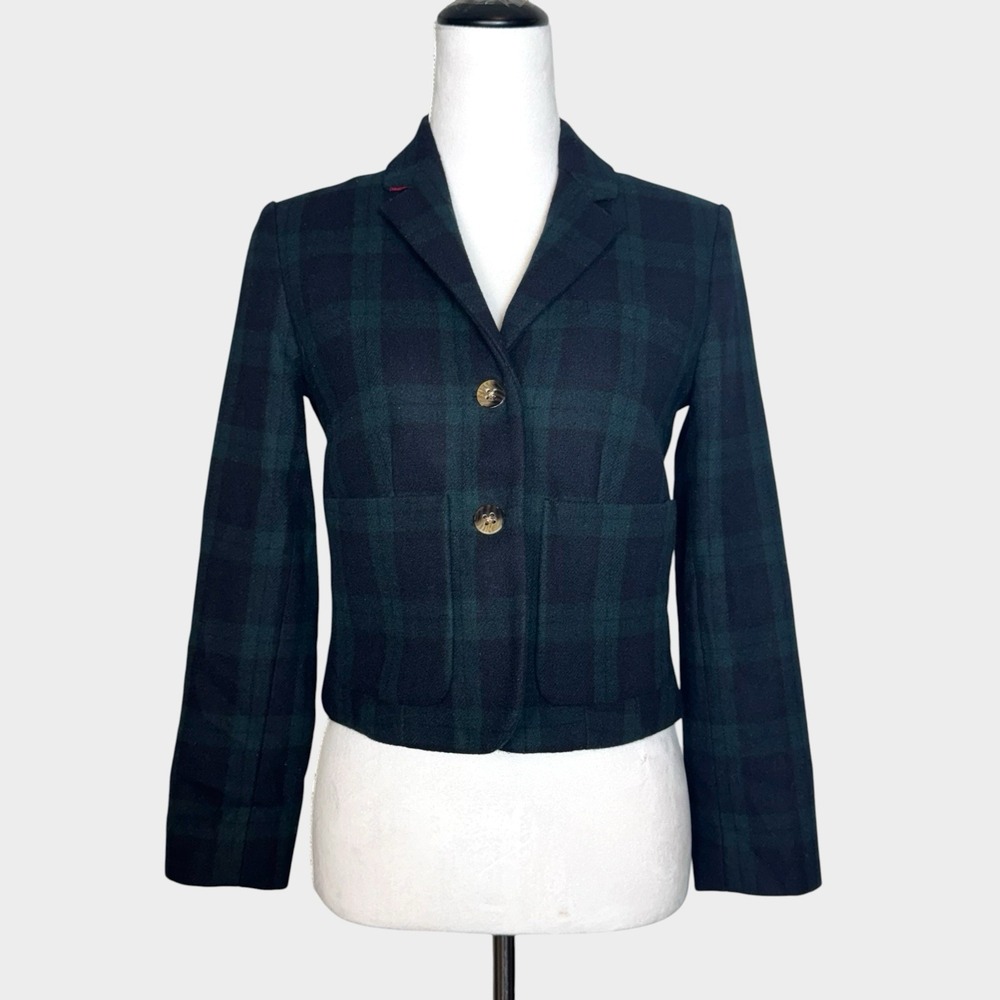 Anthropologie Cartonnier Green Blue Plaid Tartan Wool Cropped Blazer 2 Preppy